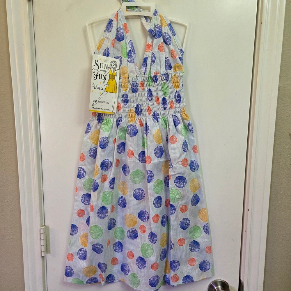 Vintage Sun and Fun Wear Kids Halter Dress Seashell Print Smocked OSFA